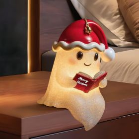 Ghost Reading Book Lamp with Christmas Hat, Cute Christmas Light Up Ghost Statue Night Light House Mantel Bedroom Shelf Decor Gifts