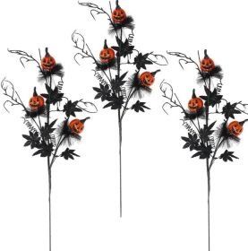 3 Pack Halloween Branches Picks Stems Glitter Fake Twig with Pumpkin Berries Black for Vases Haunted House Gothic Floral Decor Artificial Flowers