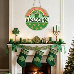 St Patricks Day Rainbow Front Door Sign, Welcome Shamrock Clover Wood Door Hanger Outdoor Outside Porch Decor