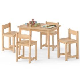 Kids Wooden Table And Chairs Set (1 Table + 4 Chairs), Rubber Wood Toddler Activity Set (Natural) (Option: defaulttitle)
