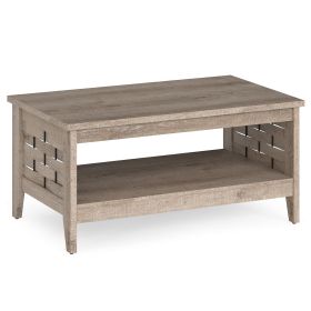 2-Tier Farmhouse Coffee Table with Open Shelf and Woven Decorations for Living Room (Color: Oak)