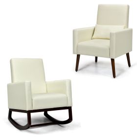 2-in-1 Fabric Upholstered Rocking Chair with Waist Pillow (Color: Beige)
