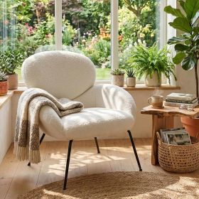 Cozy Bouclé Armchair with Black Metal Legs Modern Minimalist Lounge Chair (Color: Beige)