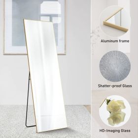 64"x21" Full Body Wall Mirror Standing Hanging or Leaning Wall-Mounted Mirrors with Stand Aluminum Alloy Frame Living Room (Color: Gold-rect-64IN)