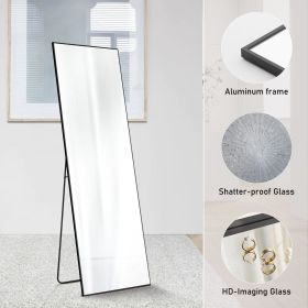 64"x21" Full Body Wall Mirror Standing Hanging or Leaning Wall-Mounted Mirrors with Stand Aluminum Alloy Frame Living Room (Color: Black-rect-64IN)